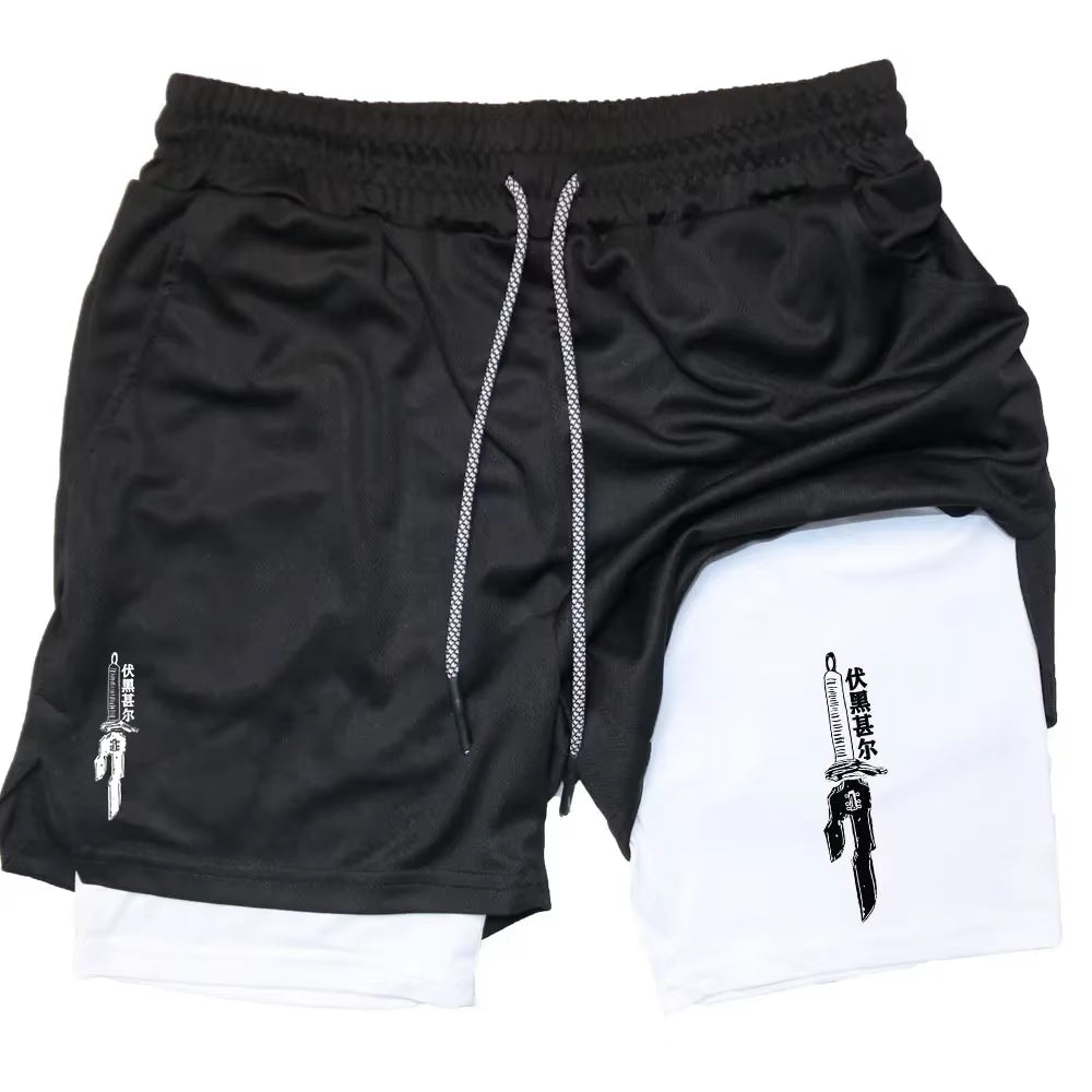 Anime Performance Shorts Men GYM Casual Sports Summer Compression Shorts Workout Running Mesh 2 in 1 Sport Short Pants