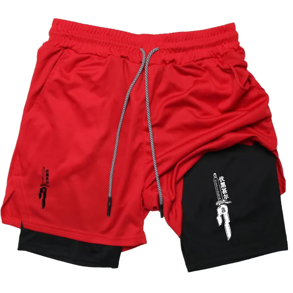 Anime Performance Shorts Men GYM Casual Sports Summer Compression Shorts Workout Running Mesh 2 in 1 Sport Short Pants