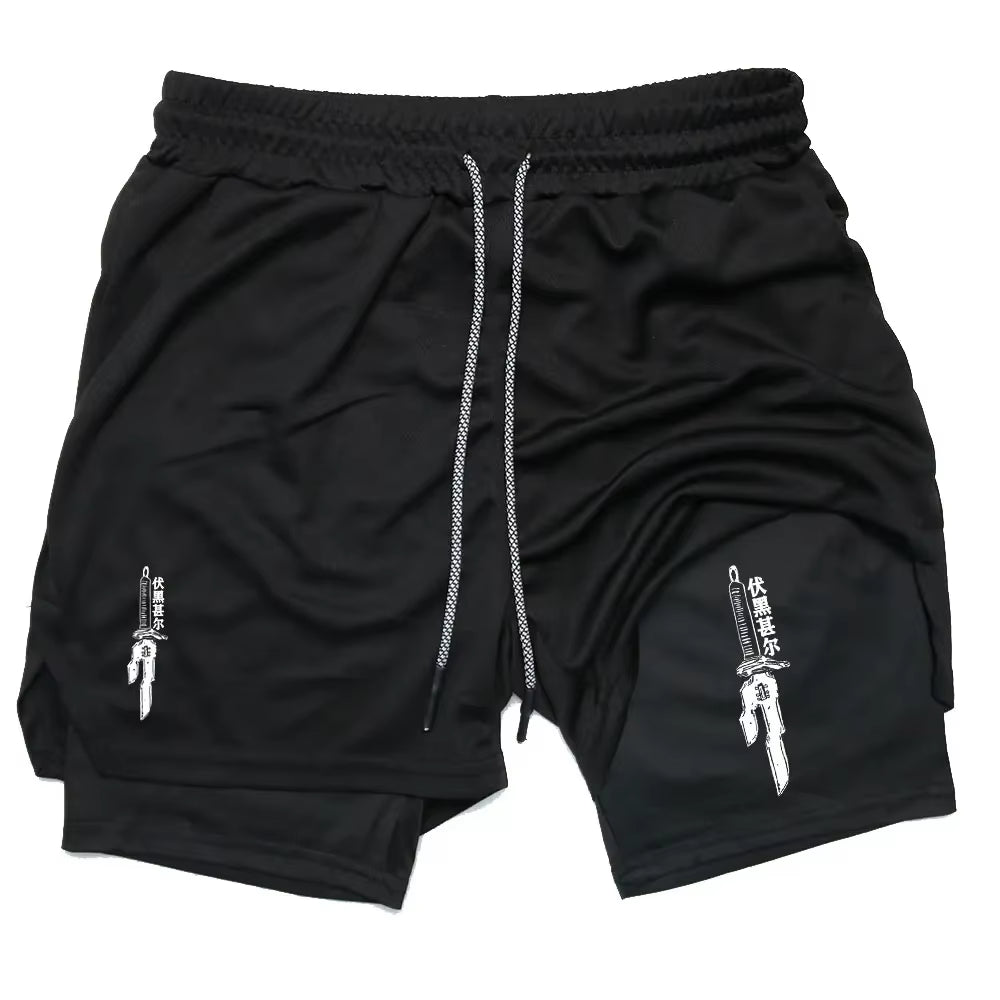 Anime Performance Shorts Men GYM Casual Sports Summer Compression Shorts Workout Running Mesh 2 in 1 Sport Short Pants