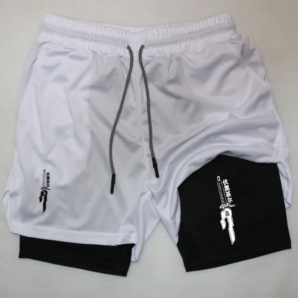 Anime Performance Shorts Men GYM Casual Sports Summer Compression Shorts Workout Running Mesh 2 in 1 Sport Short Pants